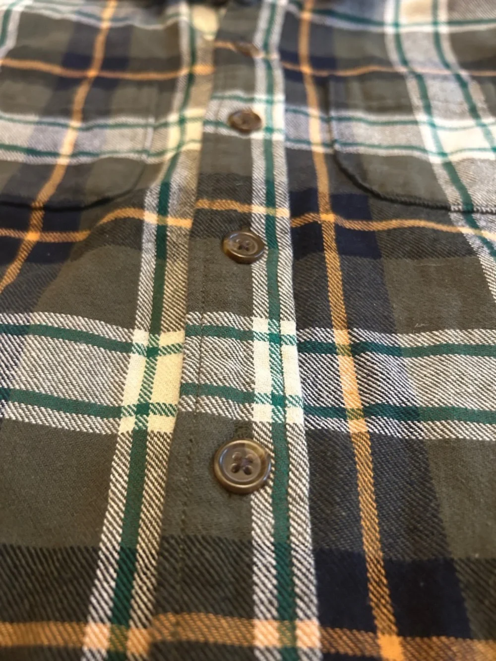 GAP Olive Green, Navy, Mustard-Yellow Plaid Button-Up Flannel Shirt | Boy S(6-7)